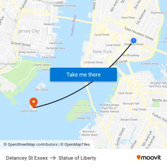 Delancey St Essex, New York, NY 10002 to Statue of Liberty map