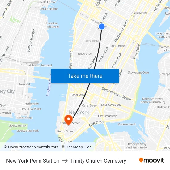 New York Penn Station to Trinity Church Cemetery map