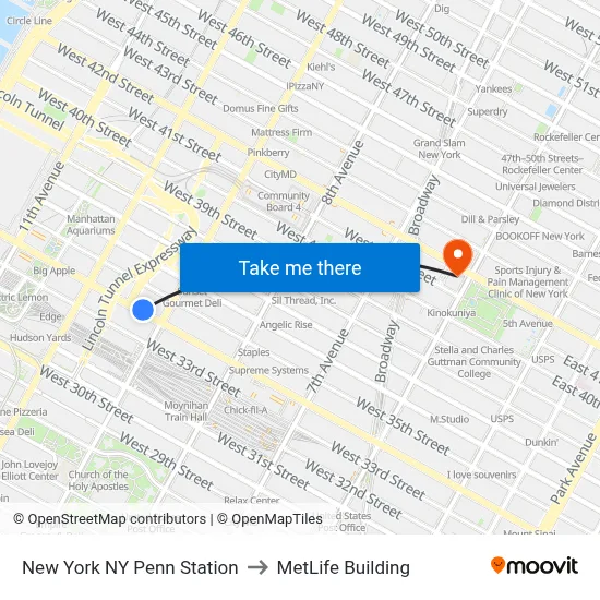 New York NY Penn Station to MetLife Building map