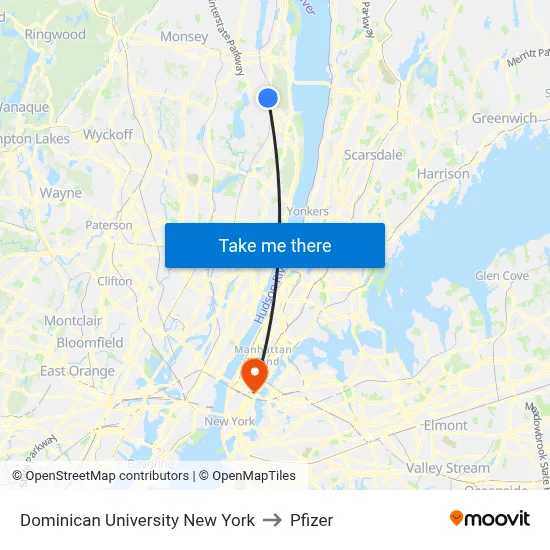 Dominican University New York to Pfizer map