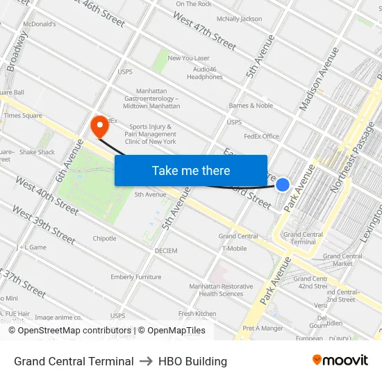 Grand Central Terminal to HBO Building map