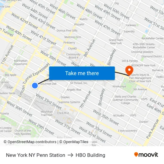 New York NY Penn Station to HBO Building map