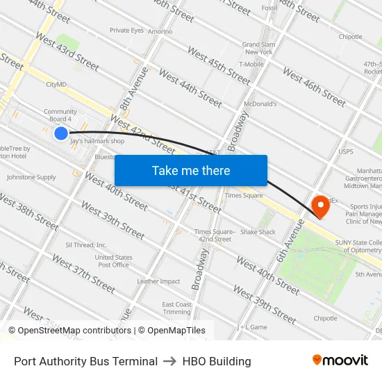 Port Authority Bus Terminal to HBO Building map