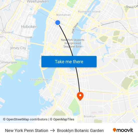 New York Penn Station to Brooklyn Botanic Garden map
