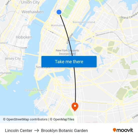 Lincoln Center to Brooklyn Botanic Garden map