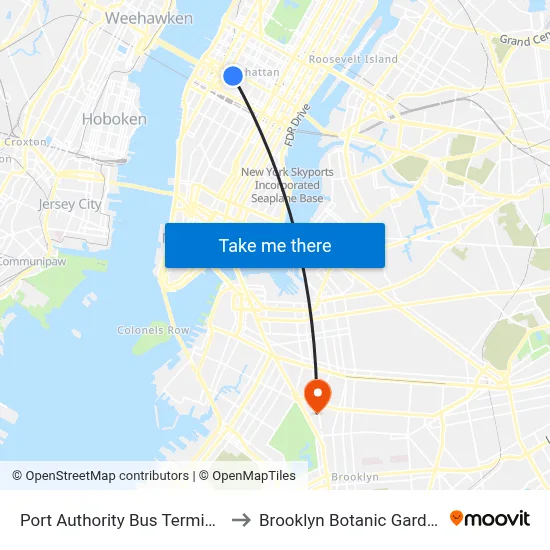Port Authority Bus Terminal to Brooklyn Botanic Garden map
