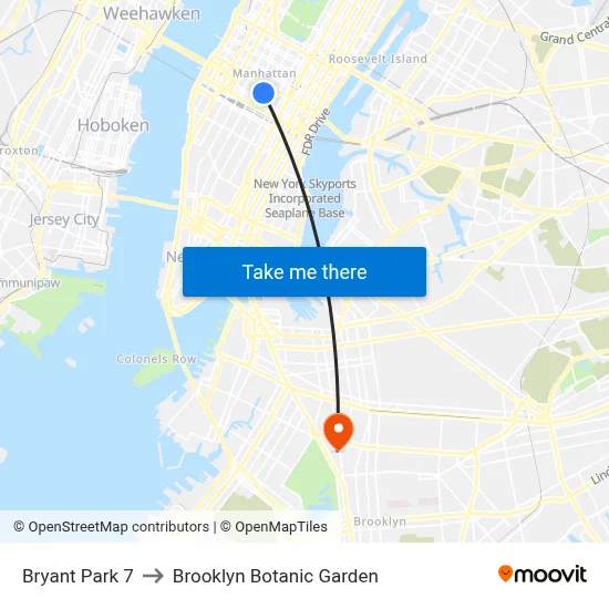 Bryant Park 7 to Brooklyn Botanic Garden map