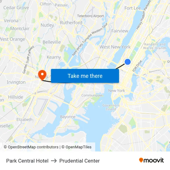 Park Central Hotel to Prudential Center map