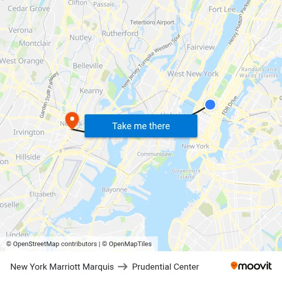 New York Marriott Marquis to Prudential Center map