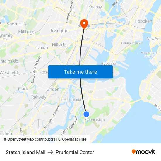 Staten Island Mall to Prudential Center map