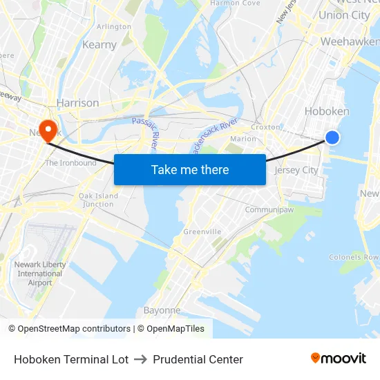 Hoboken Terminal Lot to Prudential Center map