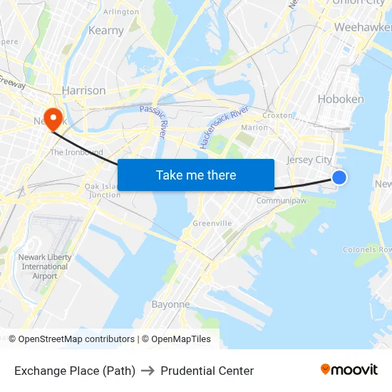 Exchange Place (Path) to Prudential Center map
