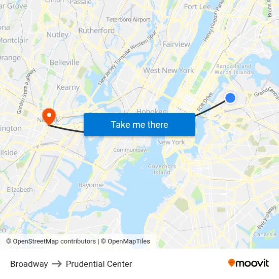 Broadway to Prudential Center map