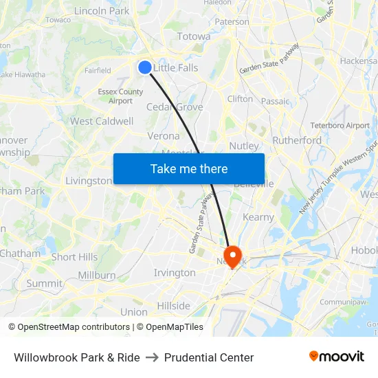 Willowbrook Park & Ride to Prudential Center map