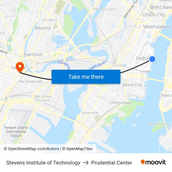 Stevens Institute of Technology to Prudential Center map