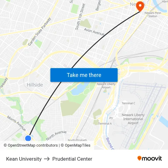 Kean University to Prudential Center map