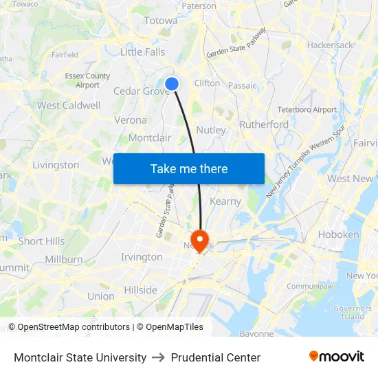 Montclair State University to Prudential Center map