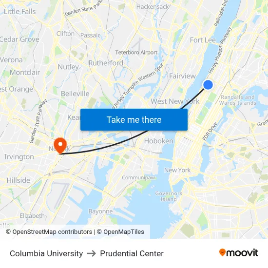 Columbia University to Prudential Center map