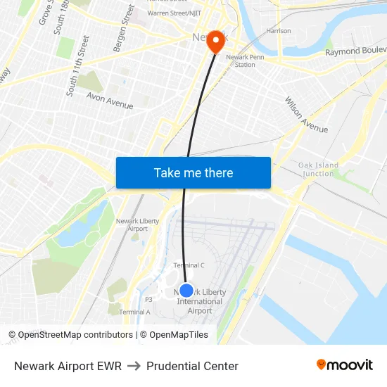 Newark Airport EWR to Prudential Center map