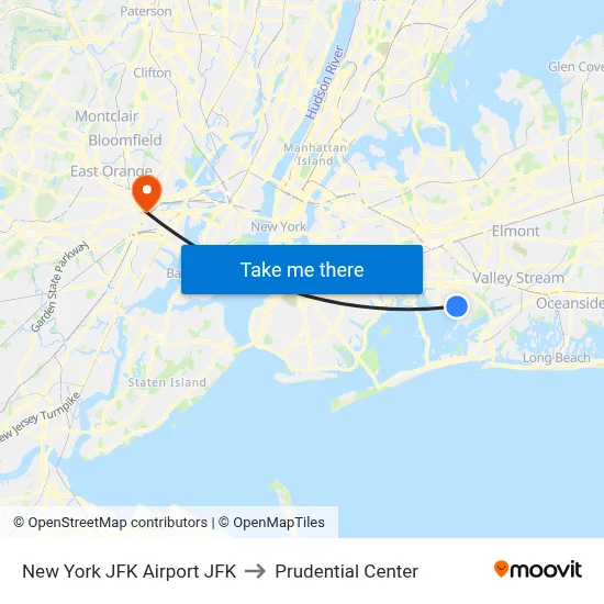 New York JFK Airport JFK to Prudential Center map