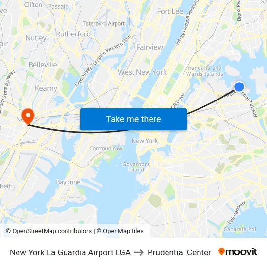 New York La Guardia Airport LGA to Prudential Center map