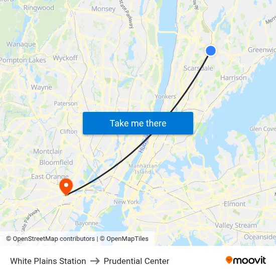 White Plains Station to Prudential Center map