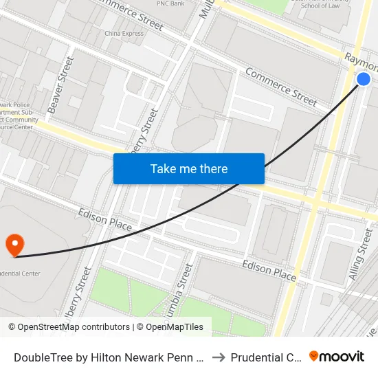 DoubleTree by Hilton Newark Penn Station NJ to Prudential Center map
