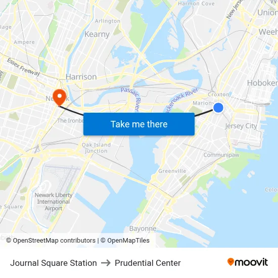Journal Square Station to Prudential Center map