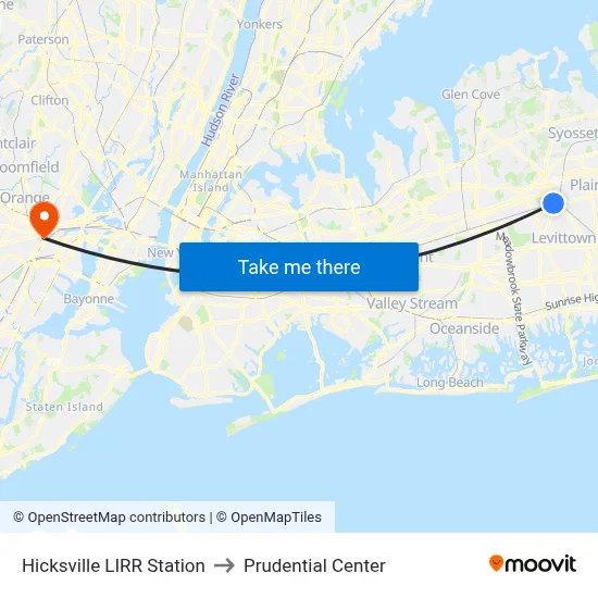 Hicksville LIRR Station to Prudential Center map