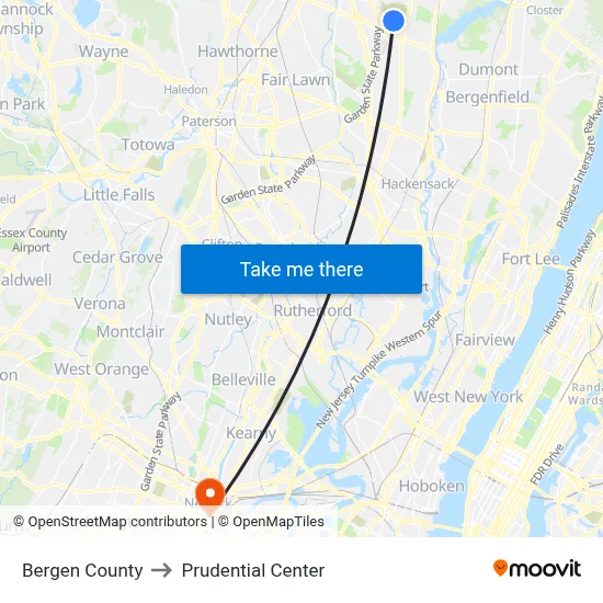 Bergen County to Prudential Center map