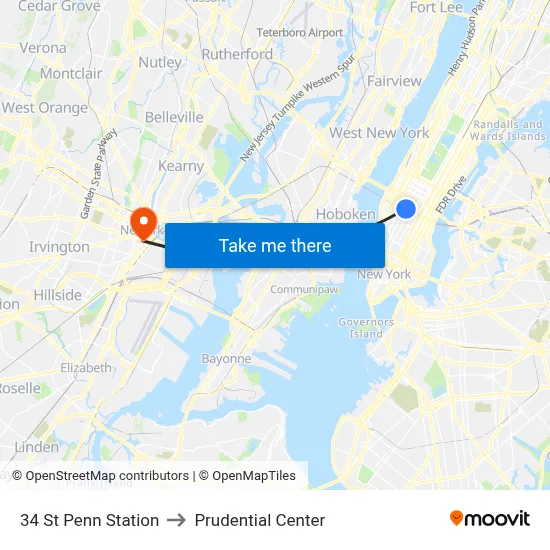 34 St Penn Station to Prudential Center map
