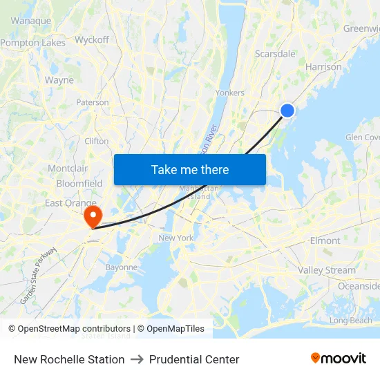 New Rochelle Station to Prudential Center map