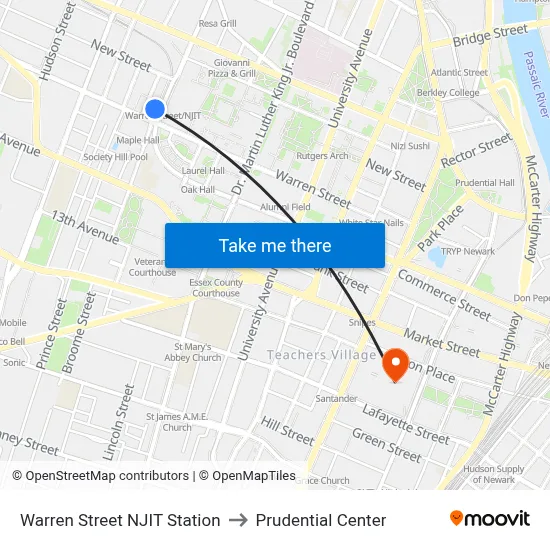Warren Street NJIT Station to Prudential Center map