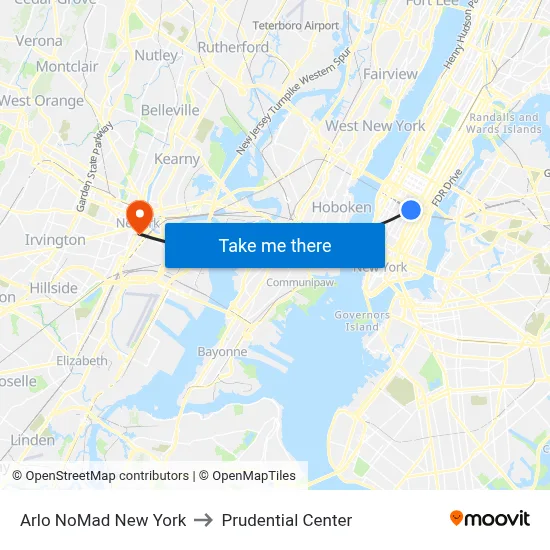 Arlo NoMad New York to Prudential Center map