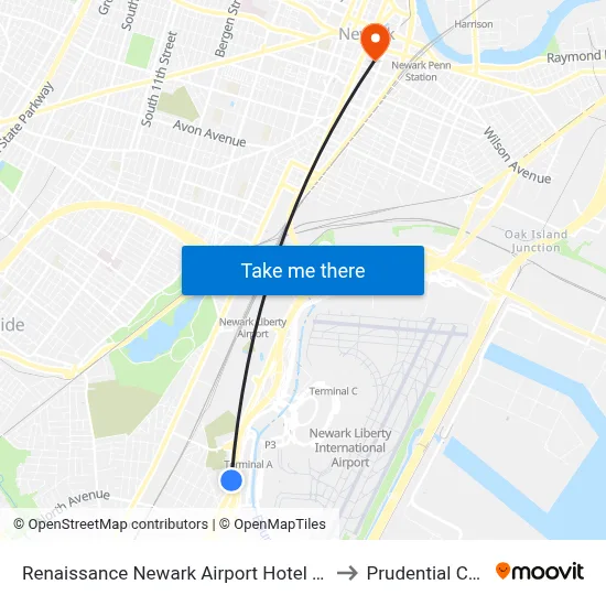 Renaissance Newark Airport Hotel Elizabeth to Prudential Center map