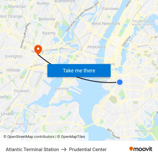 Atlantic Terminal Station to Prudential Center map