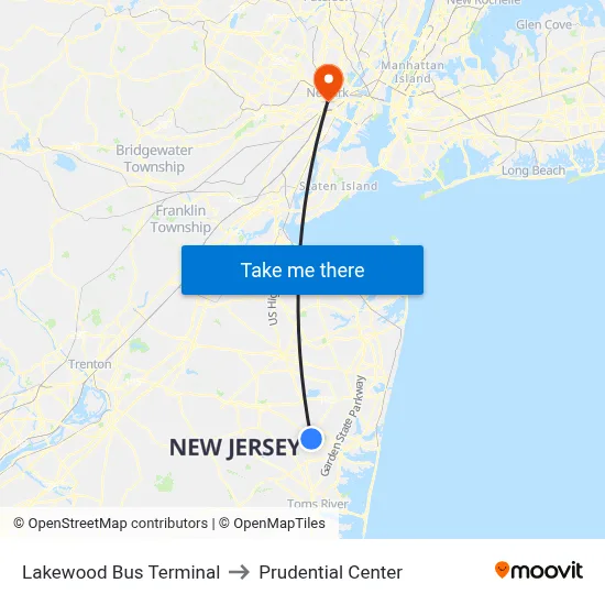 Lakewood Bus Terminal to Prudential Center map