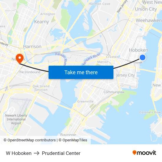 W Hoboken to Prudential Center map
