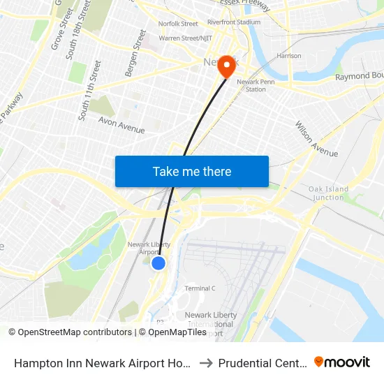 Hampton Inn Newark Airport Hotel to Prudential Center map