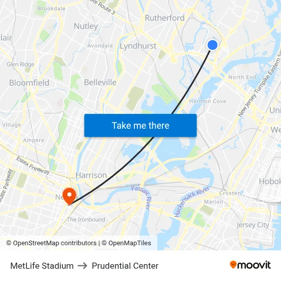 MetLife Stadium to Prudential Center map