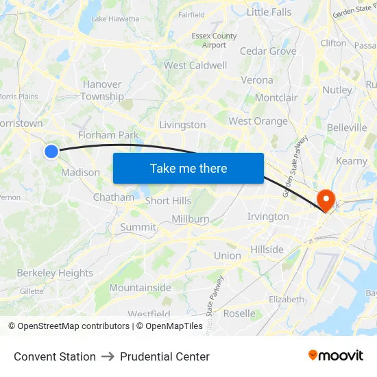 Convent Station to Prudential Center map