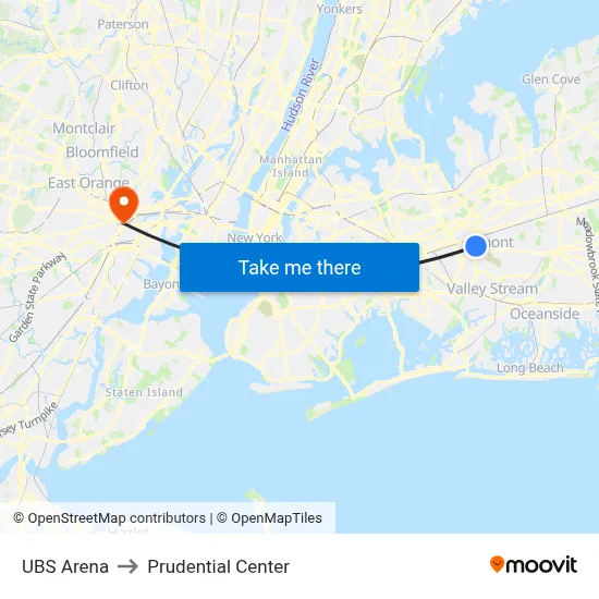 UBS Arena to Prudential Center map