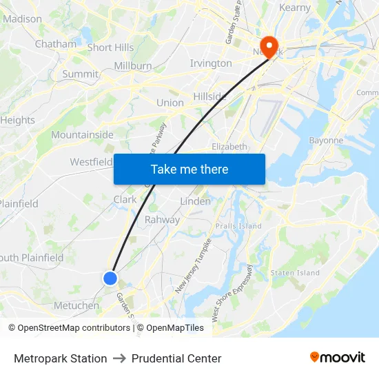 Metropark Station to Prudential Center map