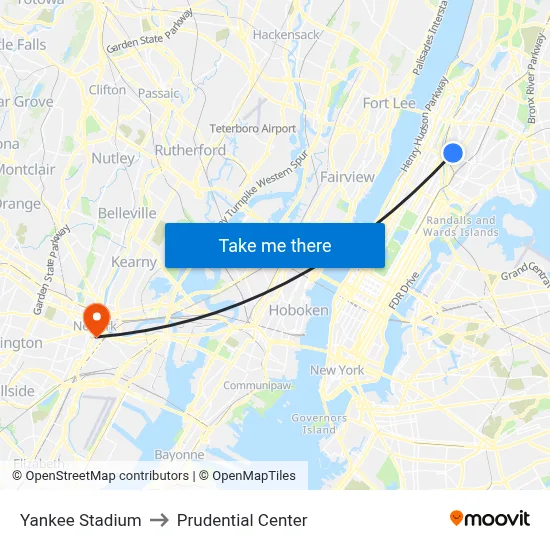 Yankee Stadium to Prudential Center map