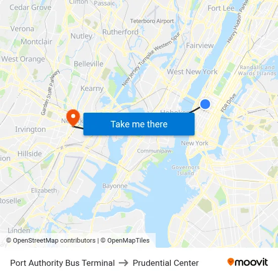 Port Authority Bus Terminal to Prudential Center map