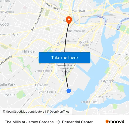 The Mills at Jersey Gardens to Prudential Center map
