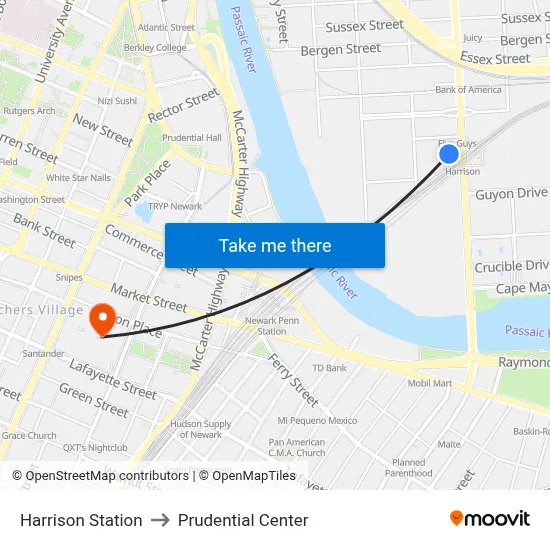 Harrison Station to Prudential Center map