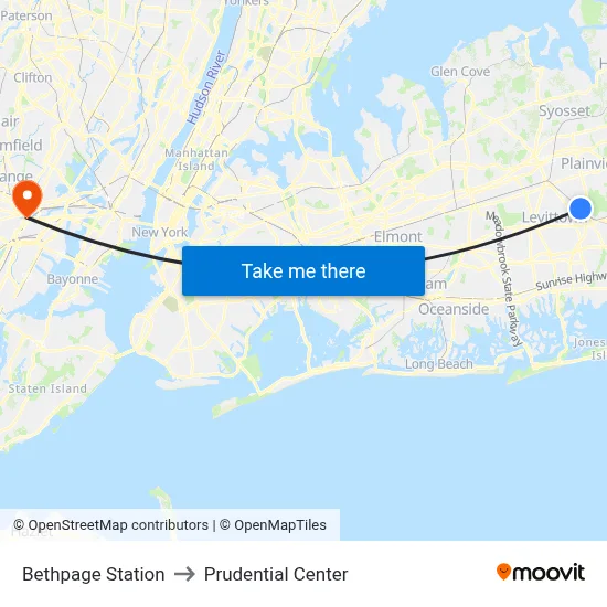 Bethpage Station to Prudential Center map