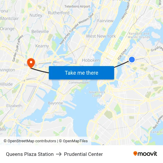 Queens Plaza Station to Prudential Center map