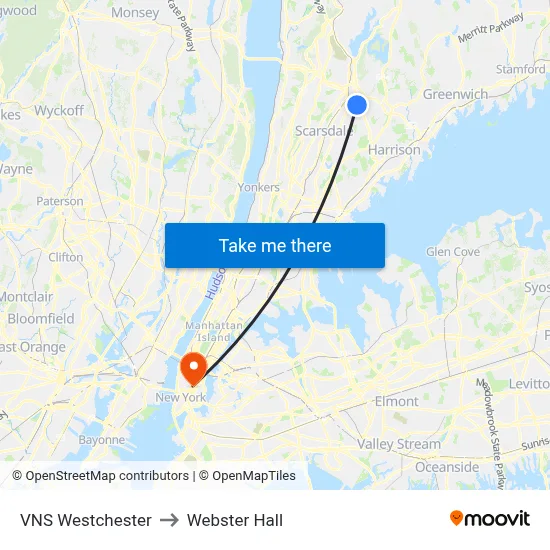 VNS Westchester, 360 Mamaroneck Ave to Webster Hall map